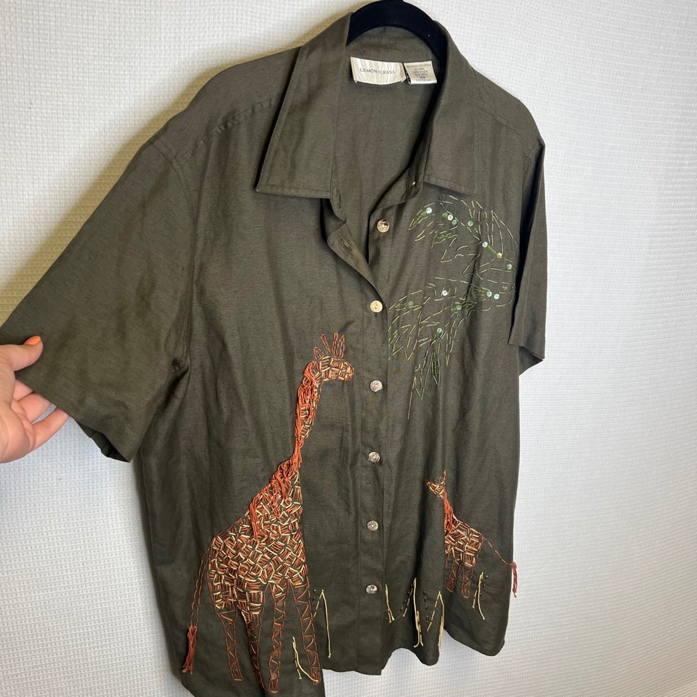 Lemon Grass Olive Green Giraffe Embroidered Linen Blend Button Down Shirt 18W